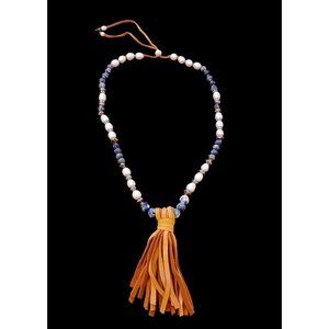 Real Pearl Natural Stone Leather Cord Tassel Necklace 40"
